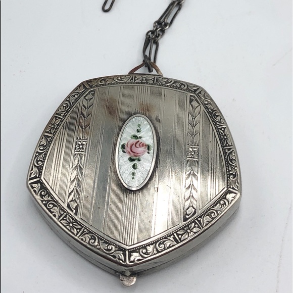 Antique Art Deco Enamel Silver Compact Wristlet - Picture 1 of 7